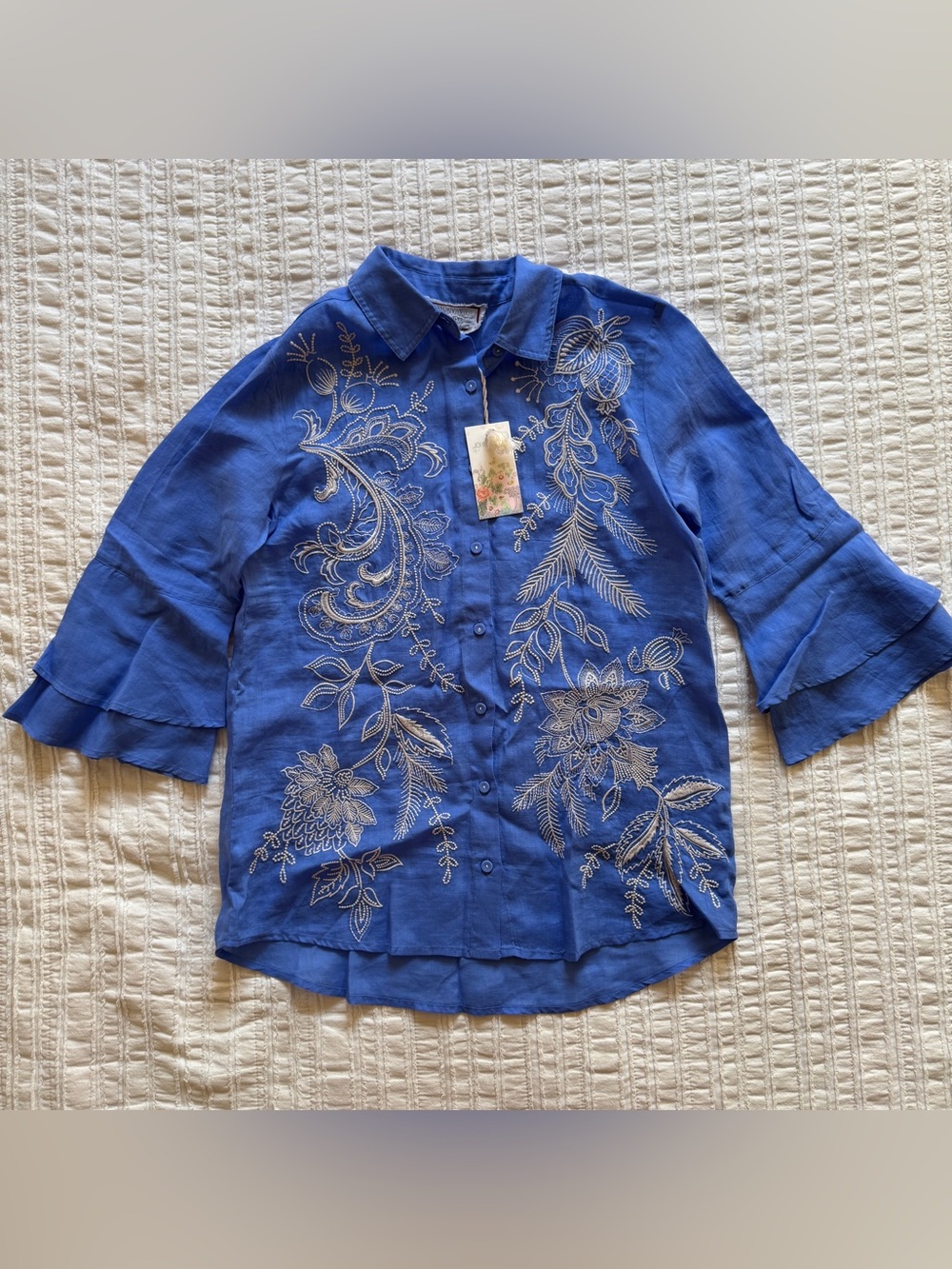 NWT Johnny Was Roberta Blue Embroidered Floral Blouse XS